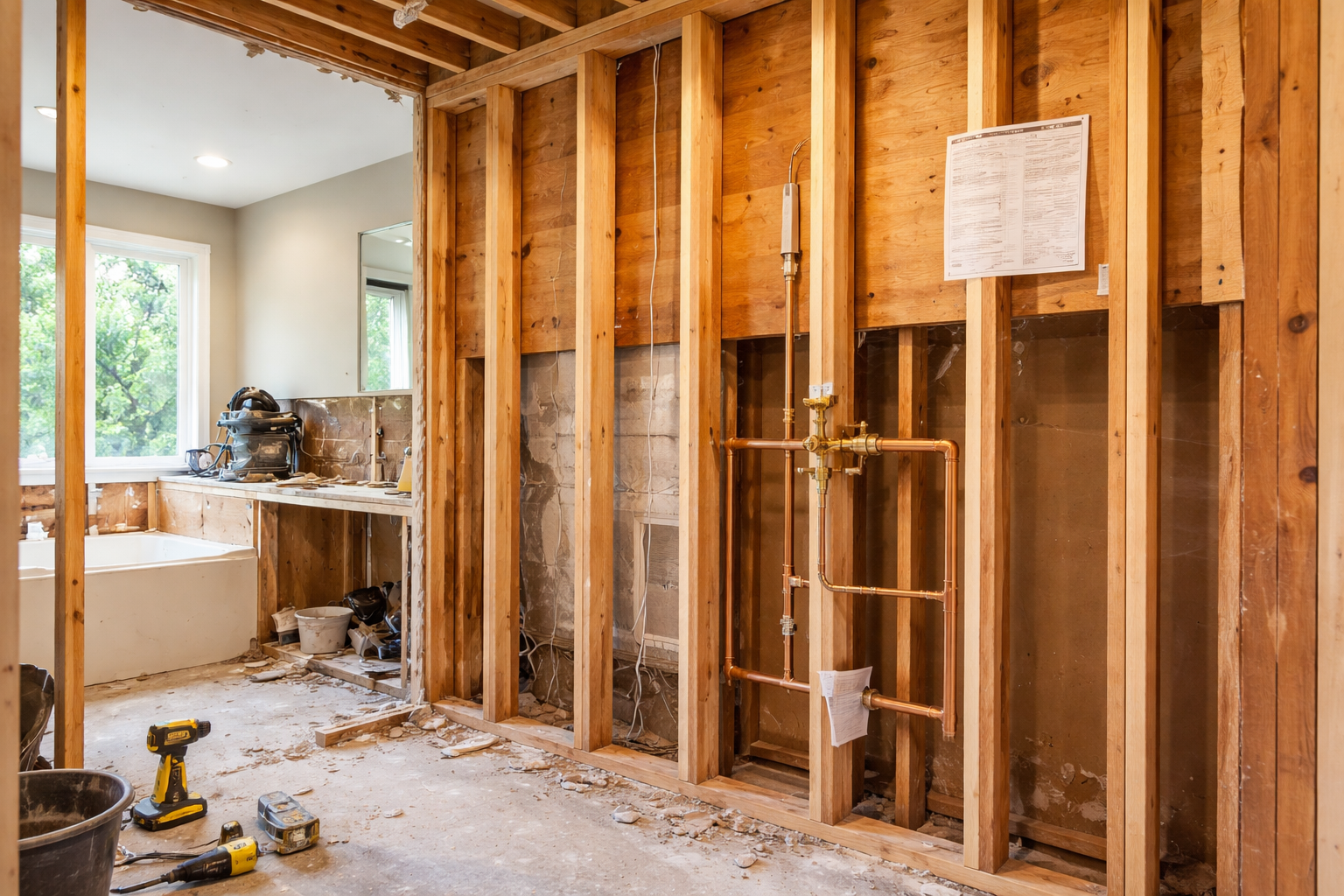 Bathroom renovation with building permit posted during remodel in Arlington Heights