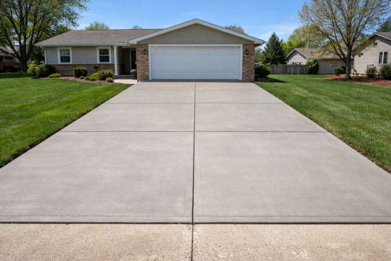 New concrete driveway at a suburban home in Chicago's western suburbs
