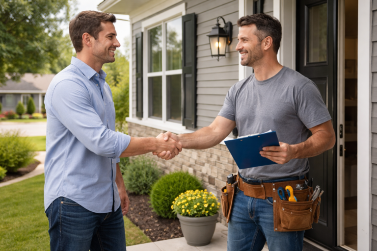 Homeowner meeting with a remodeling contractor at a suburban Chicago home