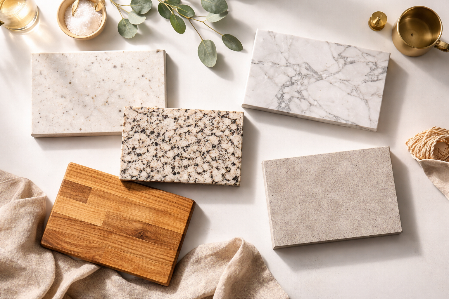 Kitchen countertop material samples including quartz granite and marble