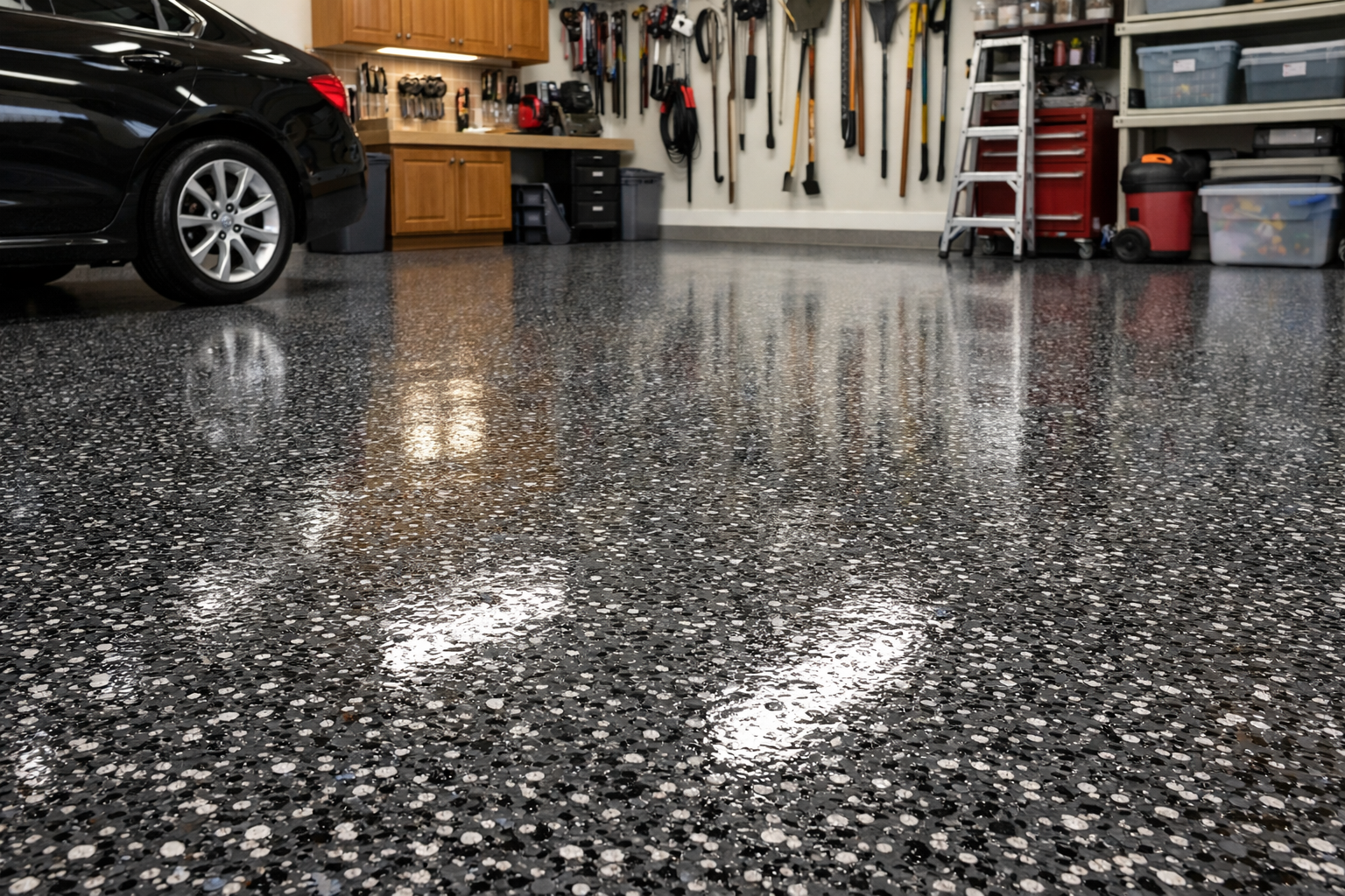 Garage floor with fresh epoxy flake coating in a suburban home