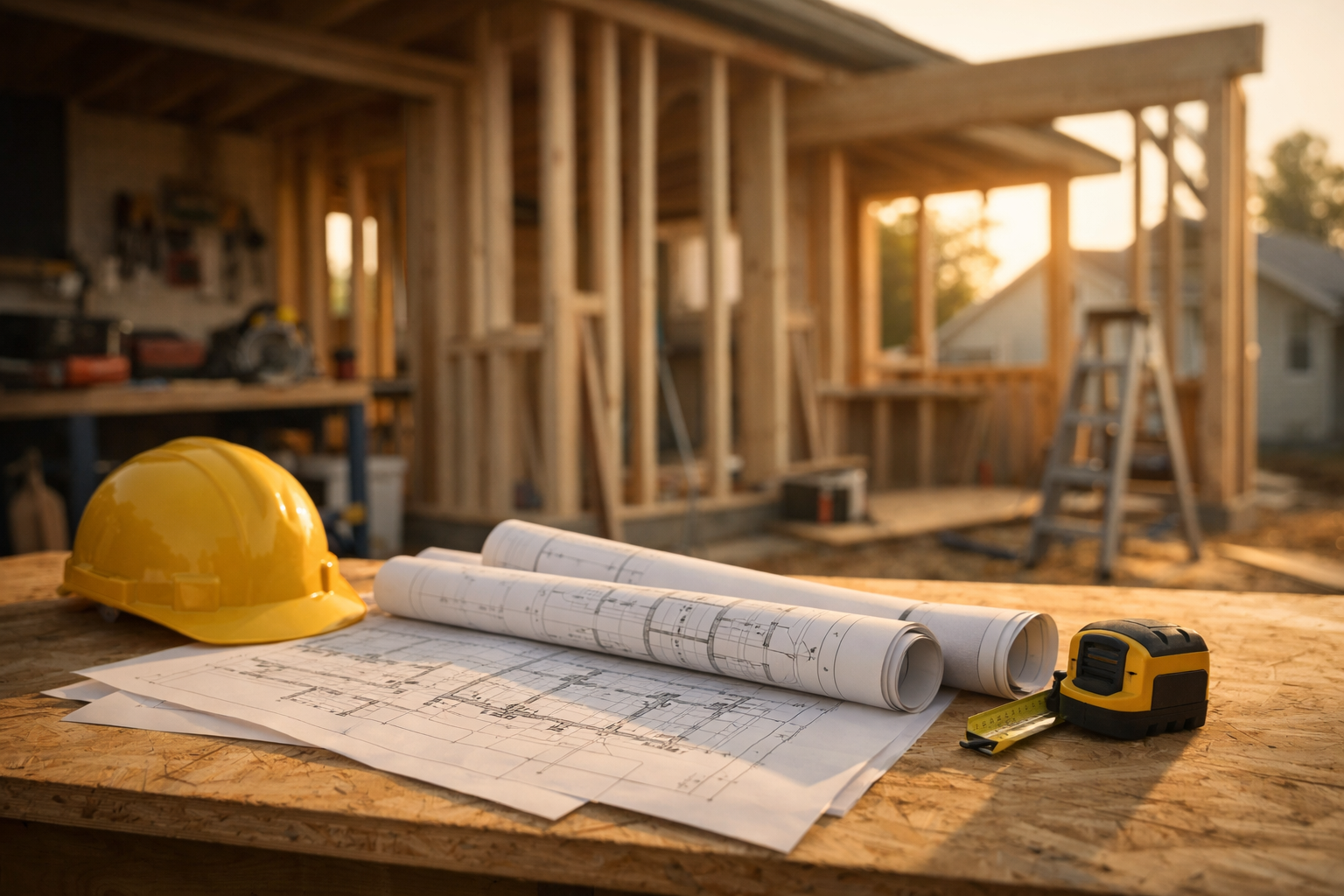 Blueprints and tools at a home renovation project site