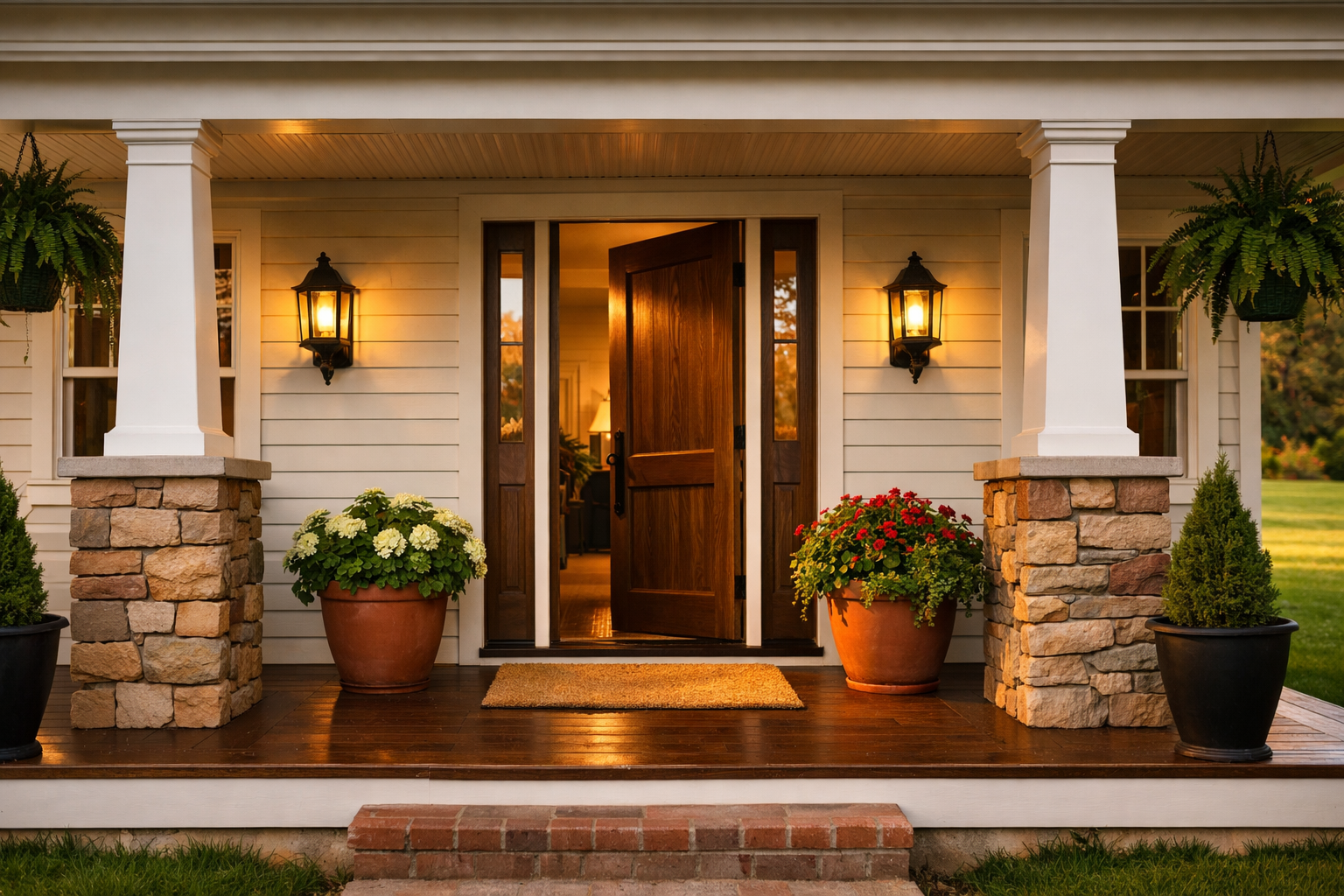 Welcoming front porch of a suburban Chicago home