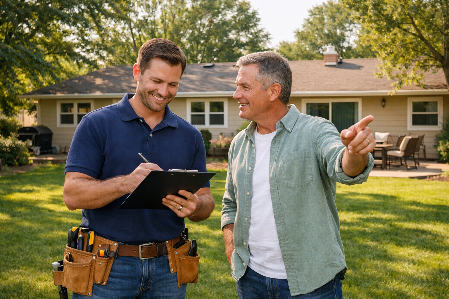 Contractor providing a free remodeling estimate at a suburban home