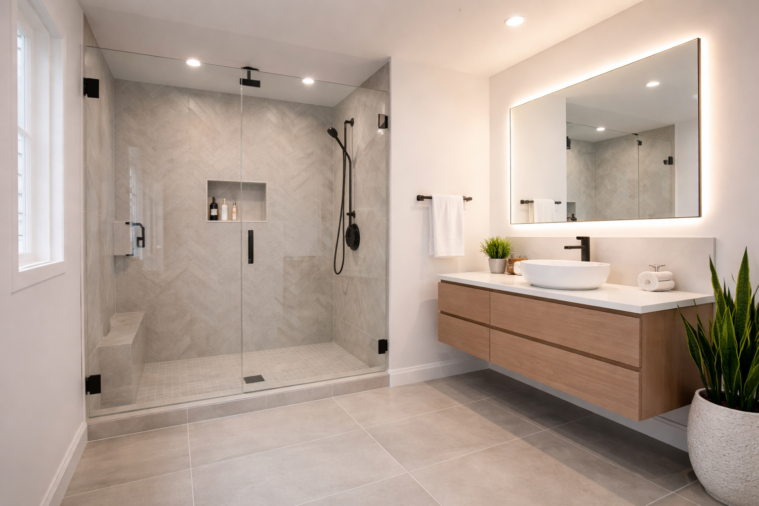 Modern bathroom renovation with walk-in shower and frameless glass