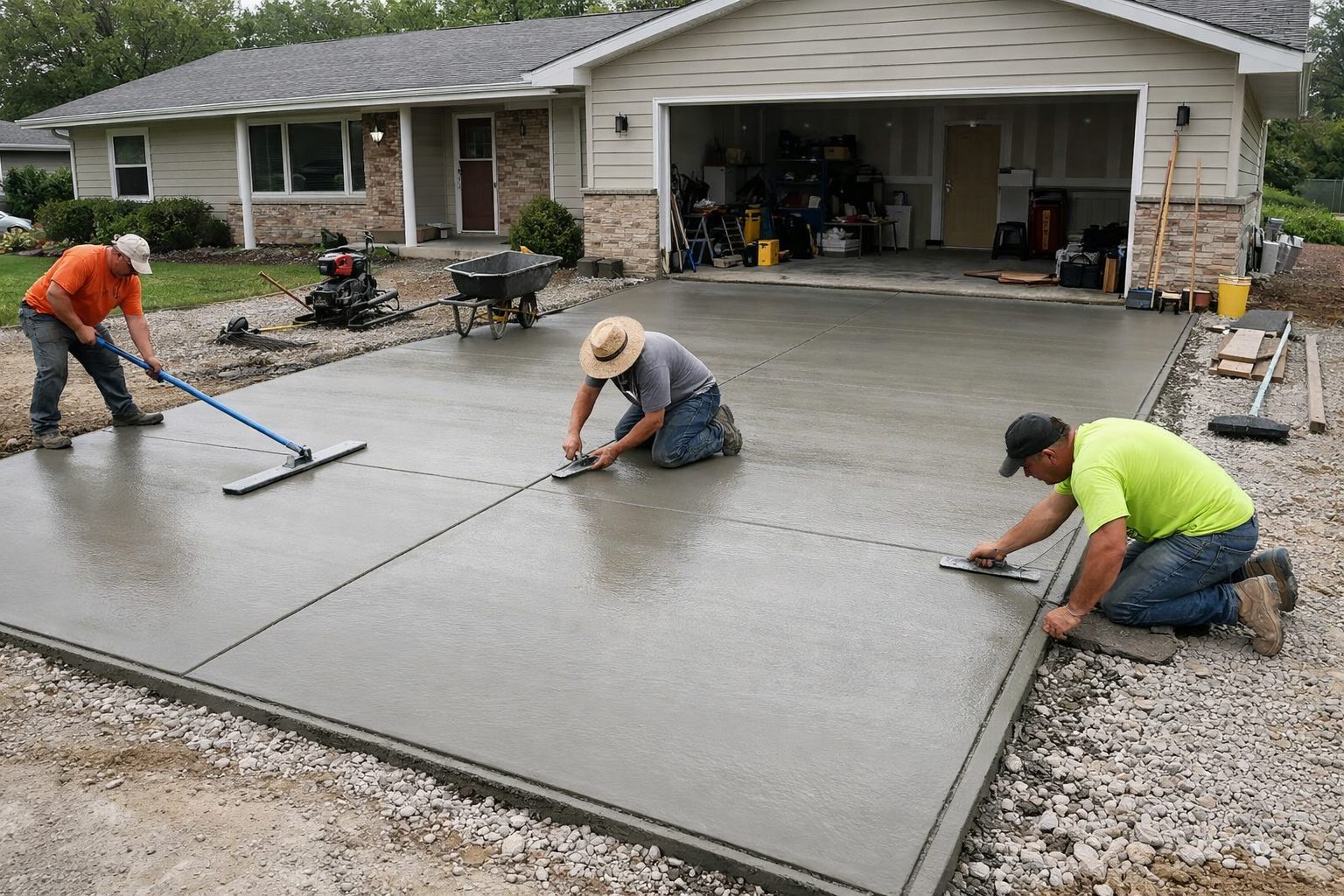 Concrete crew finishing a freshly poured residential driveway
