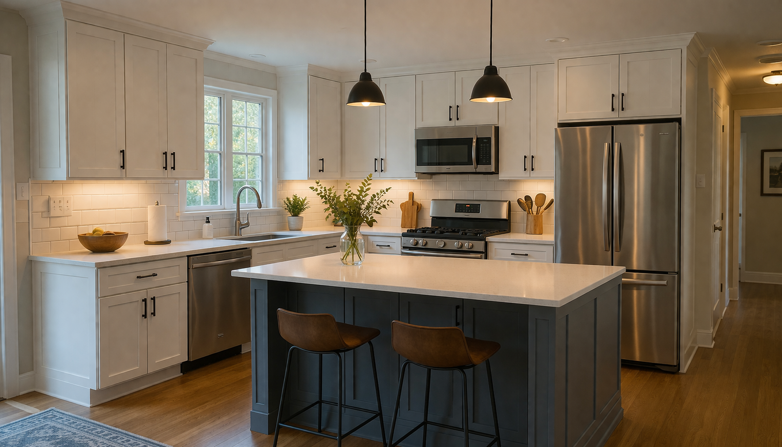 Completed mid-range kitchen remodel with white cabinets and quartz countertops