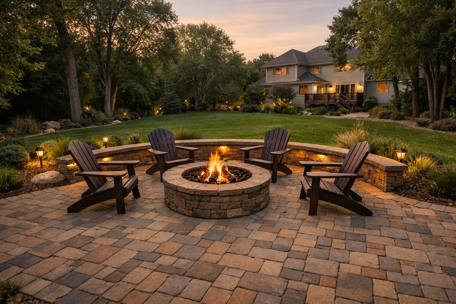 Paver patio with fire pit in a Chicago western suburbs backyard