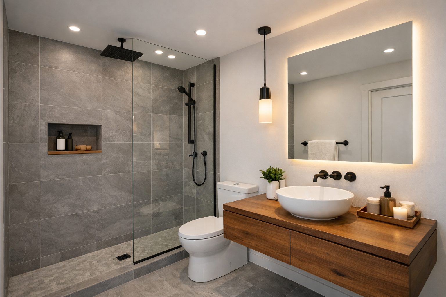 Small renovated bathroom with walk-in shower and floating vanity in a ranch home