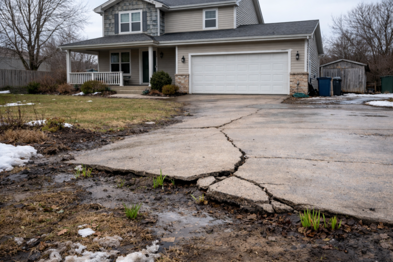 Suburban home exterior in early spring with driveway needing inspection