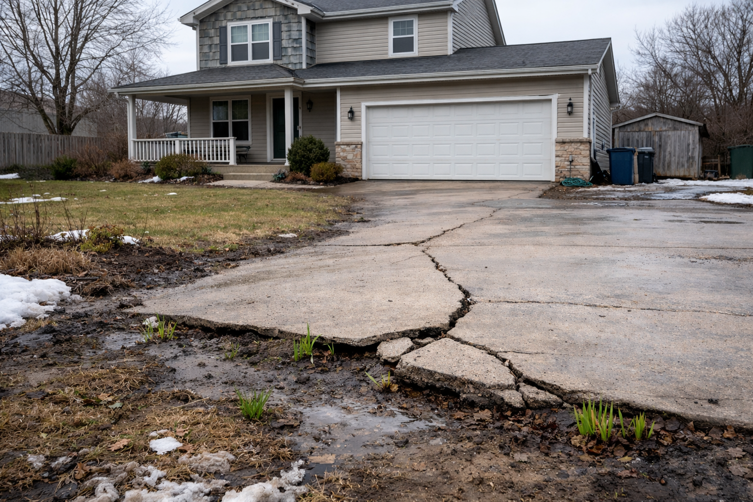 Suburban home exterior in early spring with driveway needing inspection