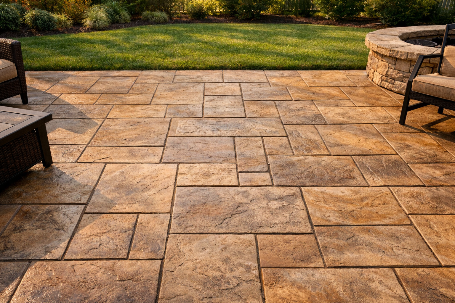 Stamped concrete patio with ashlar slate pattern in a suburban backyard