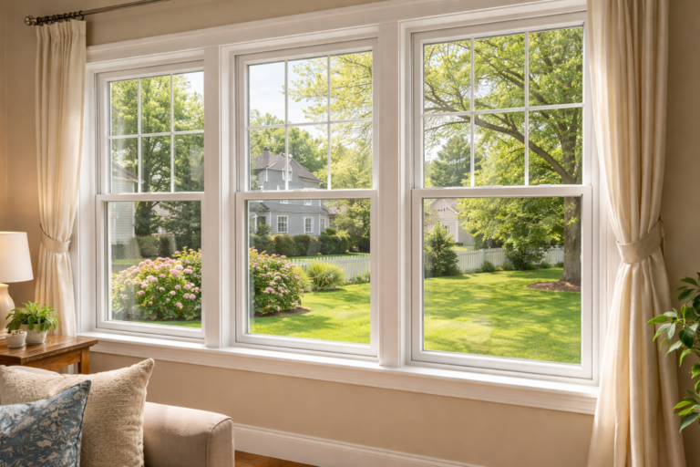 New replacement windows viewed from inside a suburban Chicago home