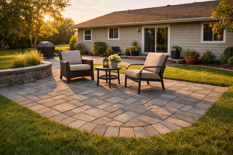 Paver patio installation in a suburban backyard in the Chicago western suburbs