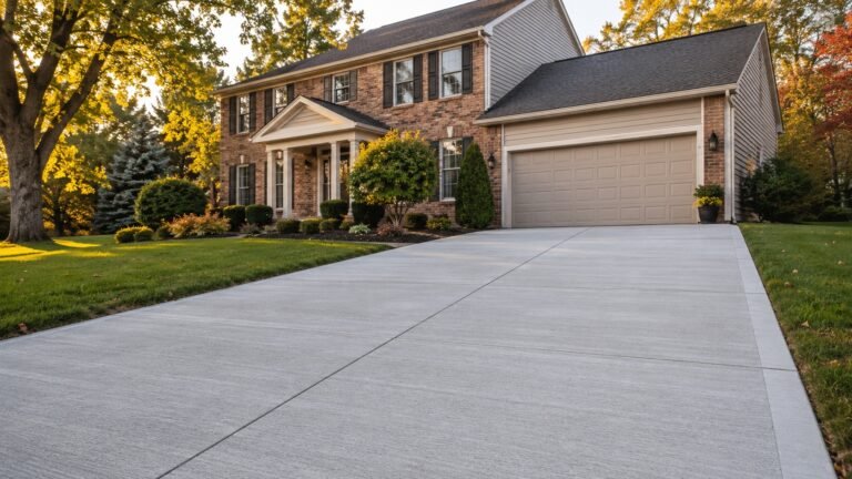 New light-gray broom-finished concrete driveway in front of a brick two-story suburban home in Arlington Heights, Illinois