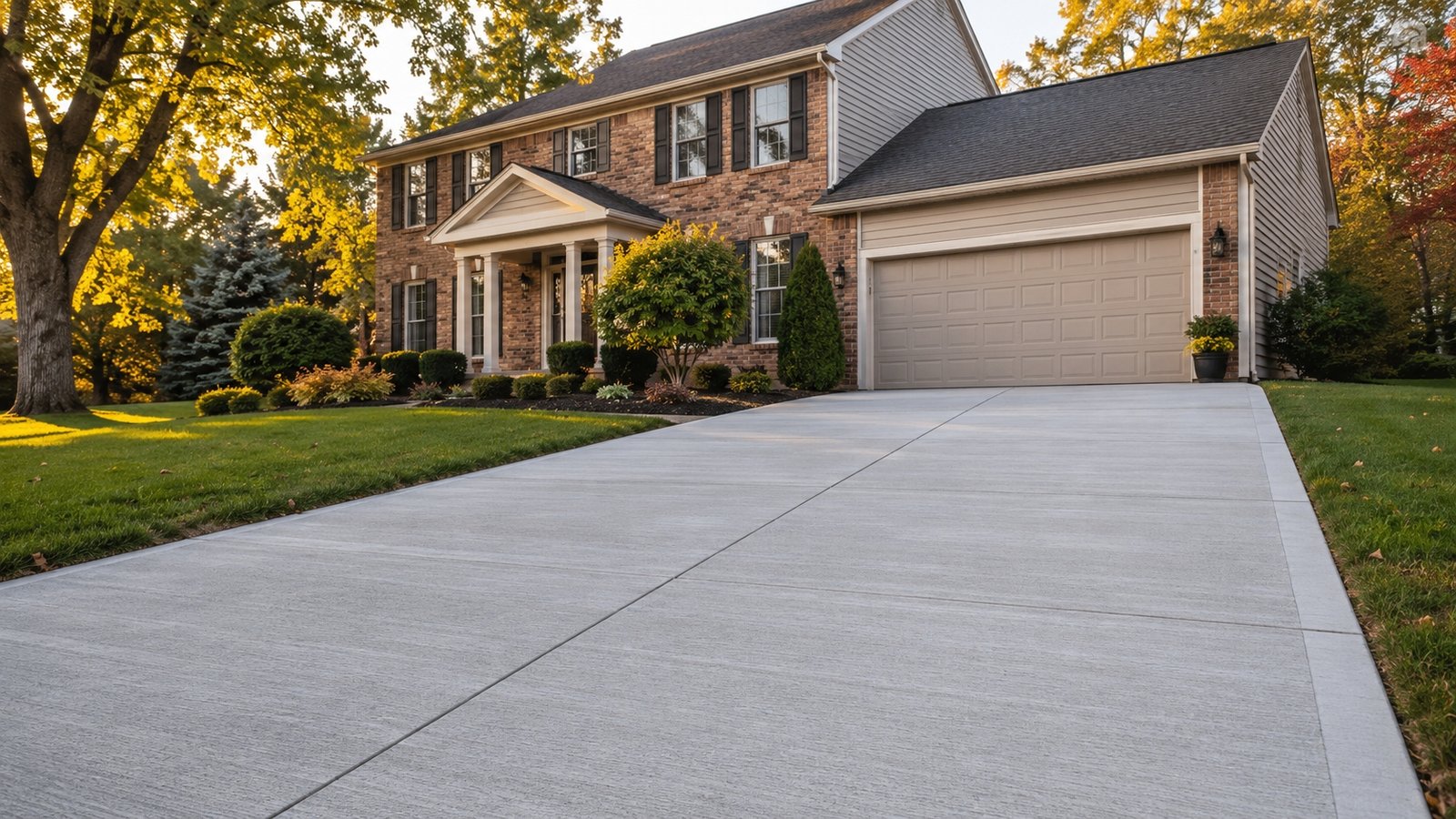 New light-gray broom-finished concrete driveway in front of a brick two-story suburban home in Arlington Heights, Illinois