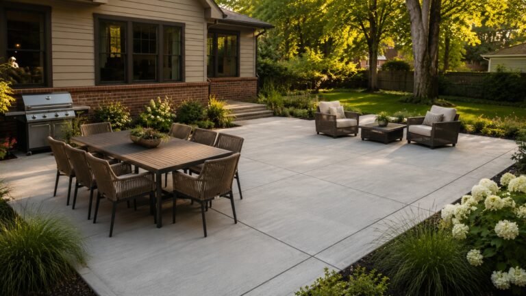 Broom-finished concrete patio with outdoor dining table and lounge seating behind a suburban home in Naperville, Illinois