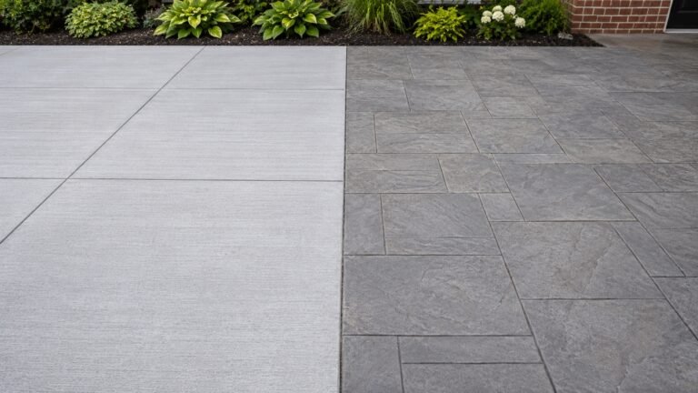 Side-by-side comparison of plain broom-finished concrete and stamped concrete in an ashlar slate pattern