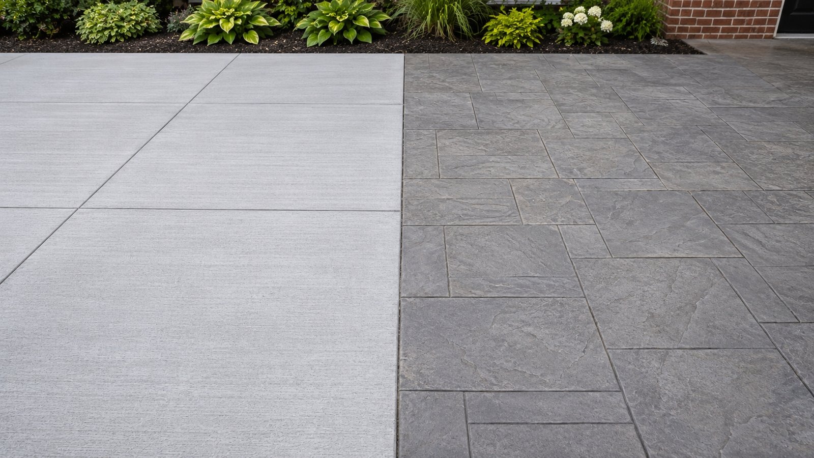 Side-by-side comparison of plain broom-finished concrete and stamped concrete in an ashlar slate pattern