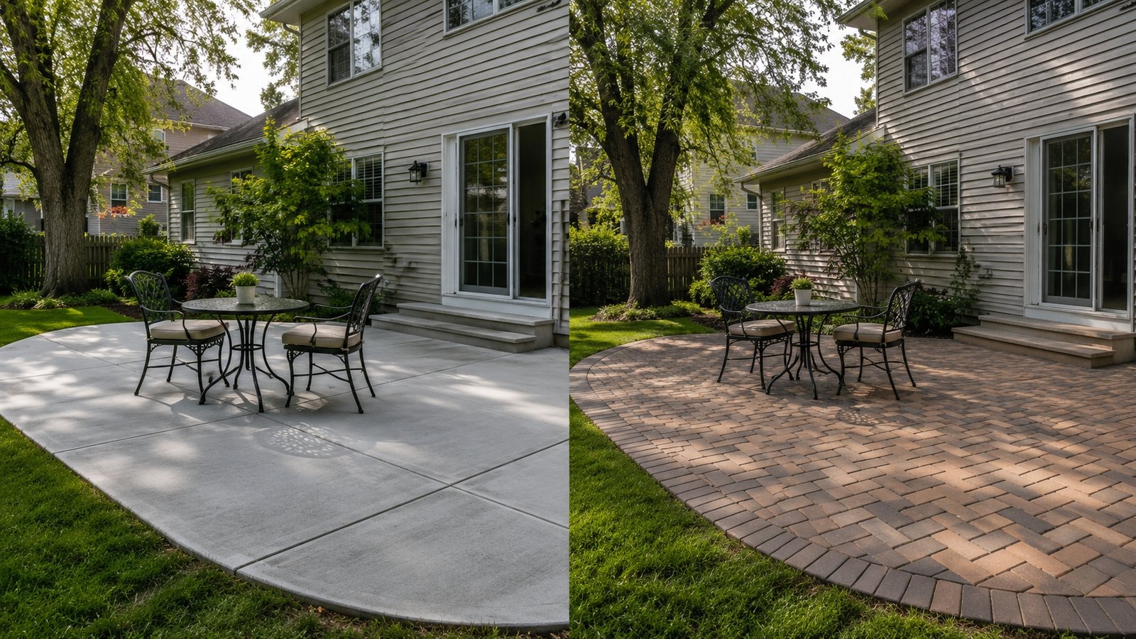 Side by side comparison of a poured concrete patio and an interlocking paver patio in a suburban Elmhurst backyard