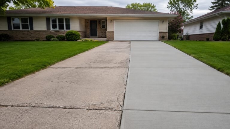 Concrete driveway in Palatine showing worn cracked surface on one side and fresh replacement pour on the other
